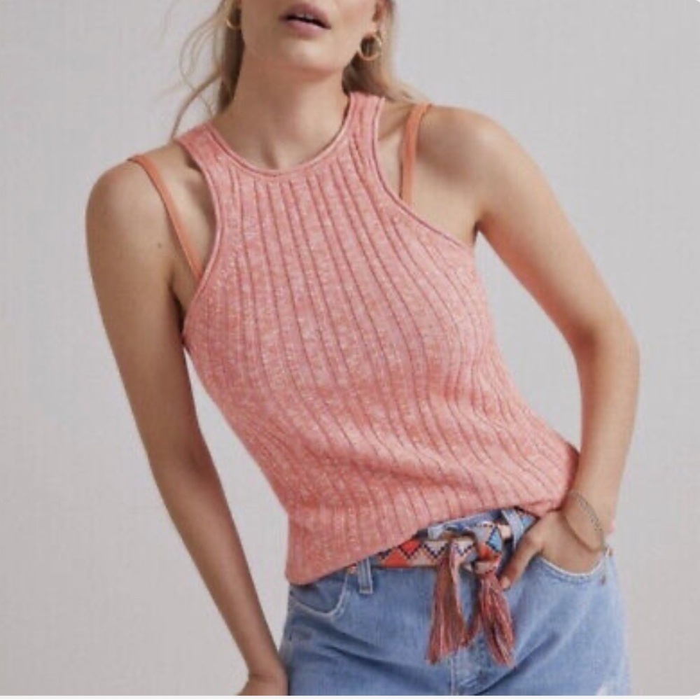 Anthropologie High Neck Sleeveless Knit Tank Top Size Medium Orange Pink